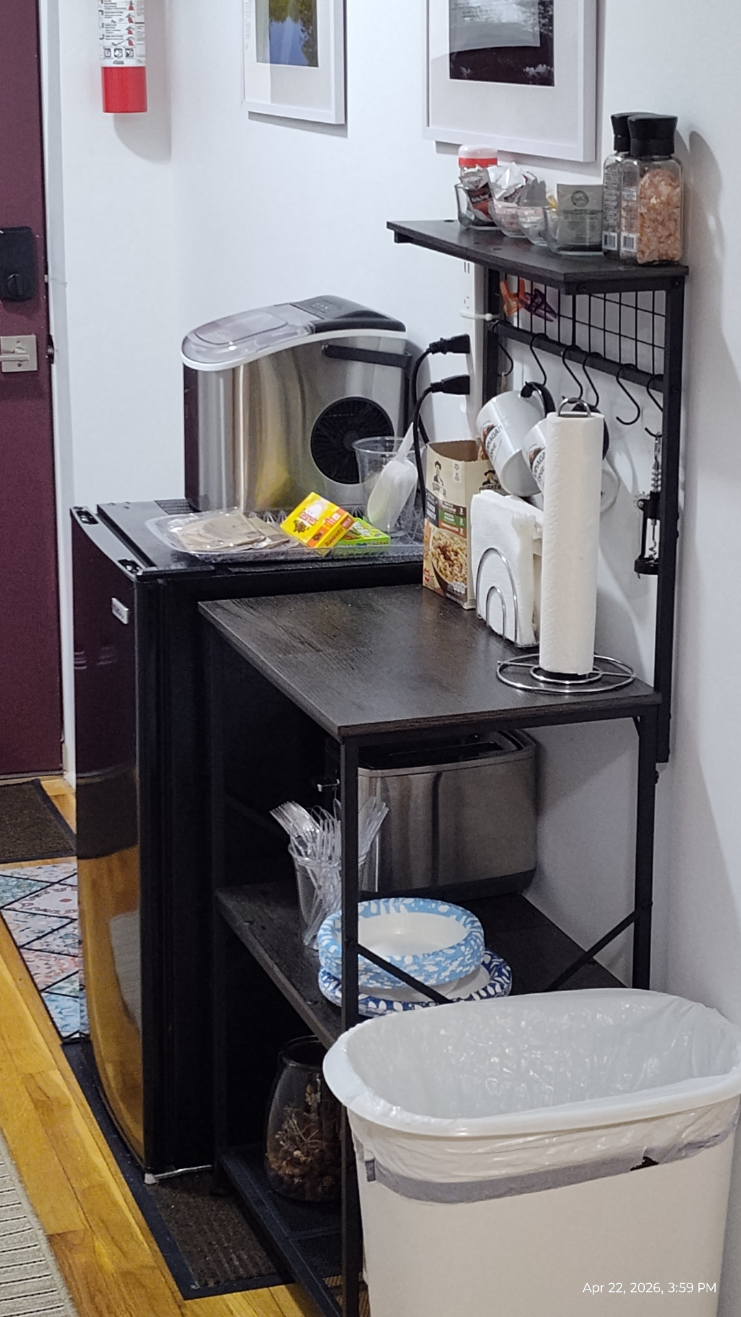 Hospitality station with coffee, snacks, and supplies